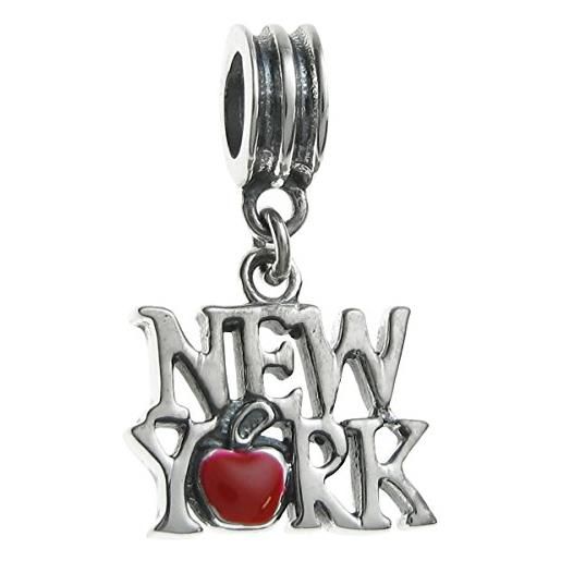 Queenberry charm in argento sterling, con la scritta new york e una mela rossa, per bracciali per charm in stile europeo