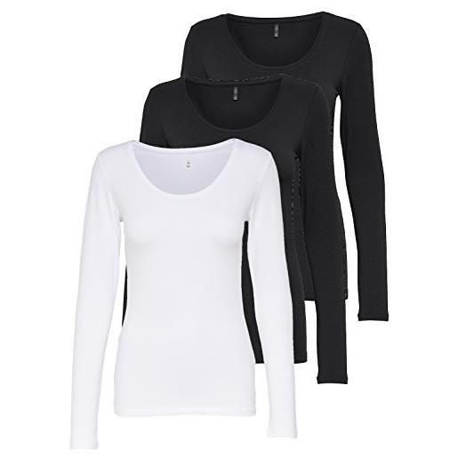 Only 15209156 - confezione da 3 magliette a maniche lunghe, da donna, colore nero e bianco, basic, estive, 95% cotone, taglie xs, s, m, l, xl, xs