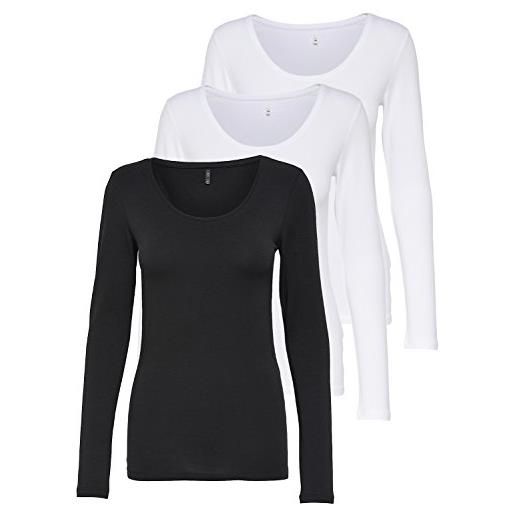 Only 15209156 - confezione da 3 magliette a maniche lunghe, da donna, colore nero e bianco, basic, estive, 95% cotone, taglie xs, s, m, l, xl, s