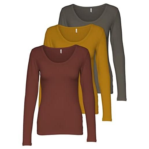 ONLY 15209156 - confezione da 3 magliette a maniche lunghe, da donna, colore nero e bianco, basic, estive, 95% cotone, taglie xs, s, m, l, xl, xl