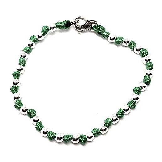 Spadarella spadino bracciale con sfere in argento 925 di diametro 4 mm e cotone nautico verde smeraldo. Fatto a mano. Unisex. Lunghezza 17cm. 