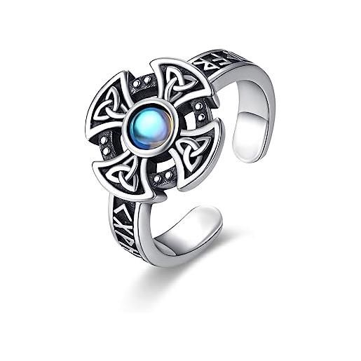 MEDWISE anello vichingo, in argento sterling 925, con croce celtica, pietra di luna, regolabile, anello aperto celtico, regalo per donne, uomini, figli, adolescenti, ragazze, argento sterling