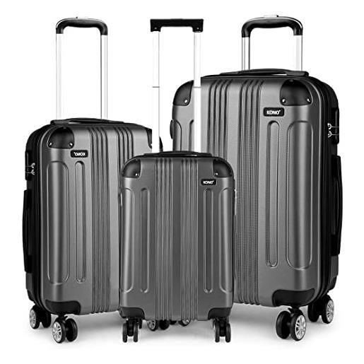 Kono set di 3 valigie rigide e leggera abs valigia bagaglio a mano 57cm media 65cm grande 75cm trolley con 4 ruote (grigio)