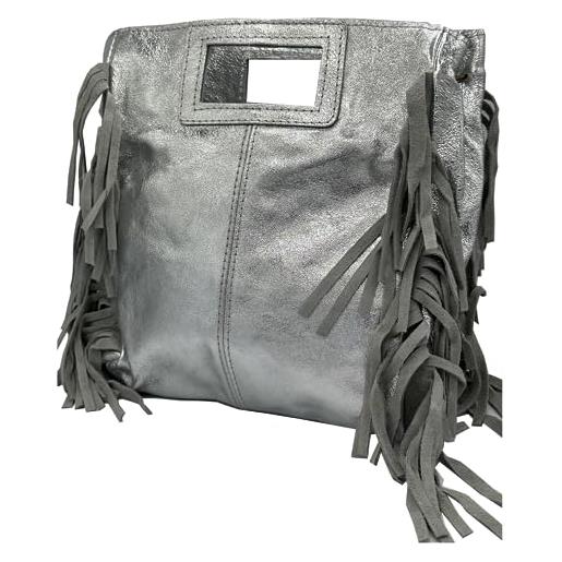 MIGURA borsa donna elegante design vintage con frange, tracolla pelle italiana spaziosa moda estate ideale per viaggi e occasioni speciali, argento