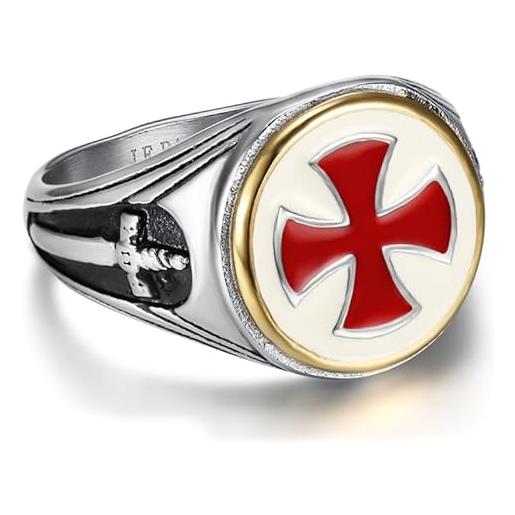 BOBIJOO JEWELRY - uomo templare anello con sigillo in acciaio inox argento e oro croce rossa spada 16mm - 27 (12 us), acciaio inossidabile 316