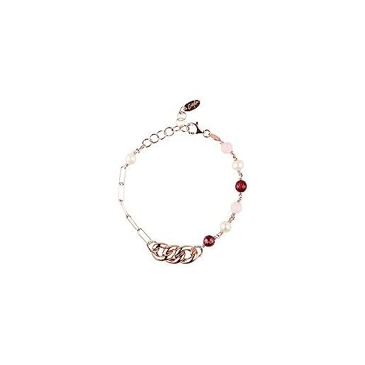 ECLETTIKA, bracciale in argento 925 - placcato oro rosa con perle e pietre naturali - perla bianca di fiume - giada rosa - agata rubino