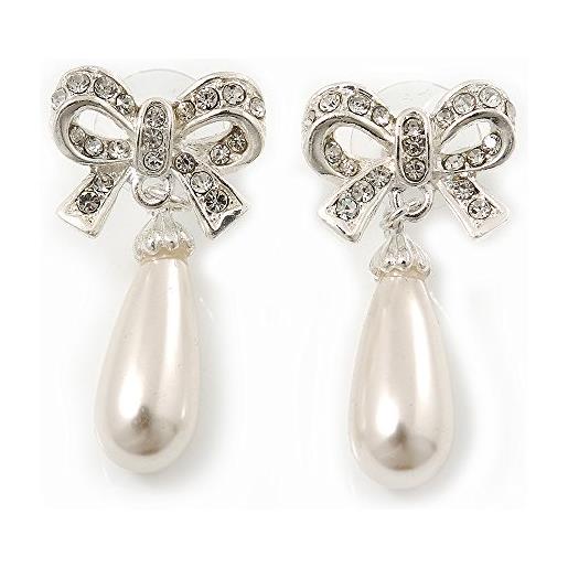 Avalaya orecchini a goccia in cristallo classico imitazione perla/tono argento/4 cm l, perla cristallo metallo gemma argento