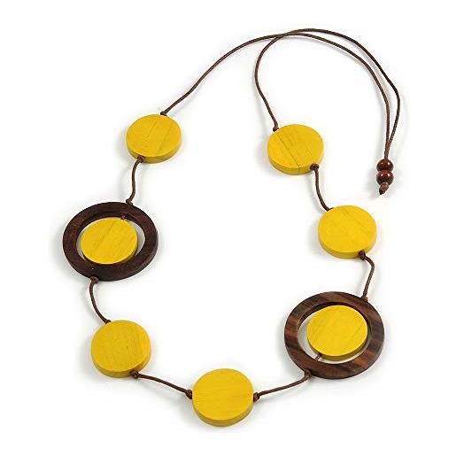 Avalaya collana in corda di cotone con perline in legno giallo/marrone, lunghezza 88 cm, regolabile