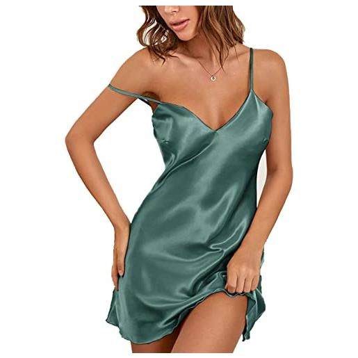 SEAUR donna camicie da notte raso elegante sottoveste senza maniche sexy scollo a v pigiama lunga con spalline regolabili, verde s