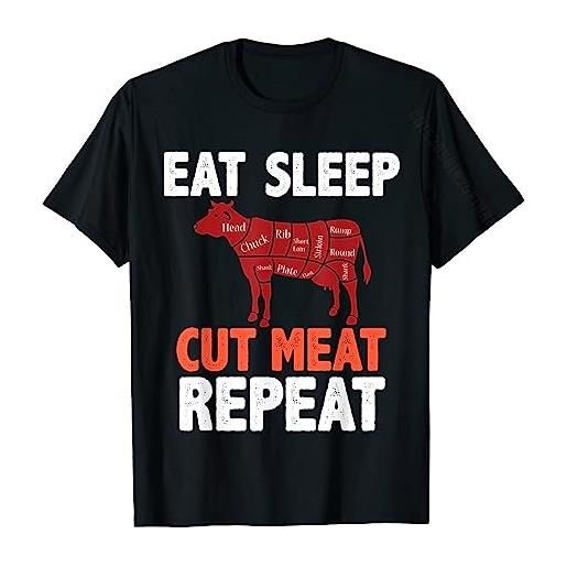 GELA eat sleep cut meat repeat butcher cow beef diagram gift t-shirt printed on tops & tees cotton men t shirts printed on black l