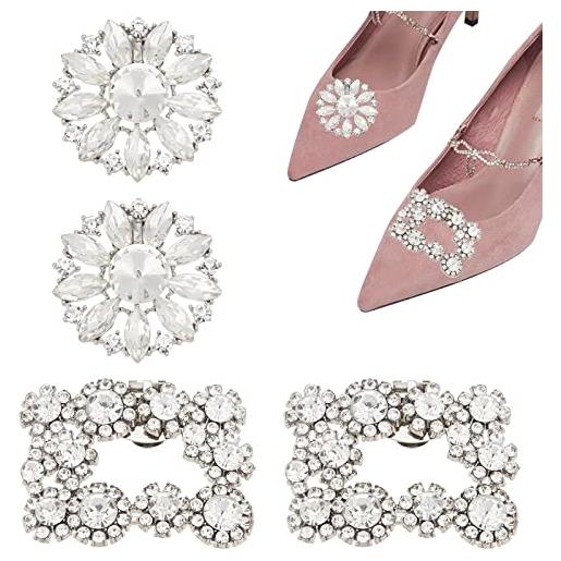 AHANDMAKER 2 paia di eleganti fibbie per scarpe in cristallo, scintillanti strass a forma di fiore, per decorazioni per matrimoni, feste, banchetti