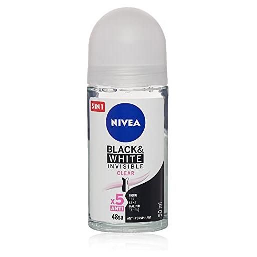Nivea, deodorante invisible black&white clear roll-on, 3 pz. Da 50 ml
