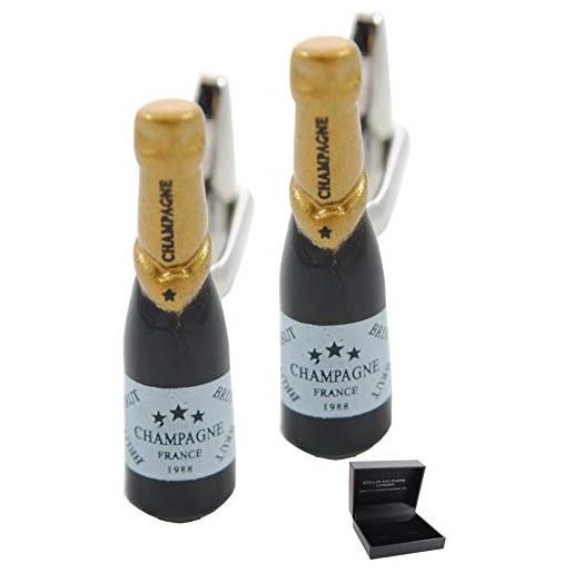 COLLAR AND CUFFS LONDON - gemelli di alta qualità e scatola regalo - bottiglia di champagne - ottone - colori nero e oro - festeggiare in grande stile
