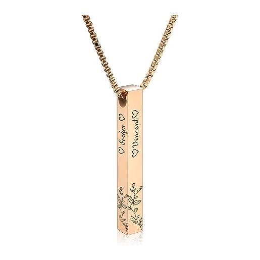 INBLUE collana con barra personalizzata, pendente rettangolare in acciaio inossidabile con incisione personalizzata placcato oro 18 carati, regalo di fascino per damigelle d'onore (stile 2 & oro rosa)