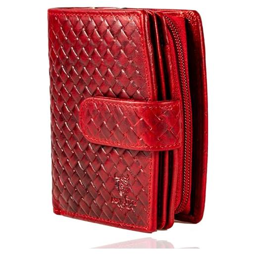 Matador portafoglio da donna in vera pelle, protezione rfid, molti scomparti per carte di credito 3622, intrecciato rosso, vintage anticato
