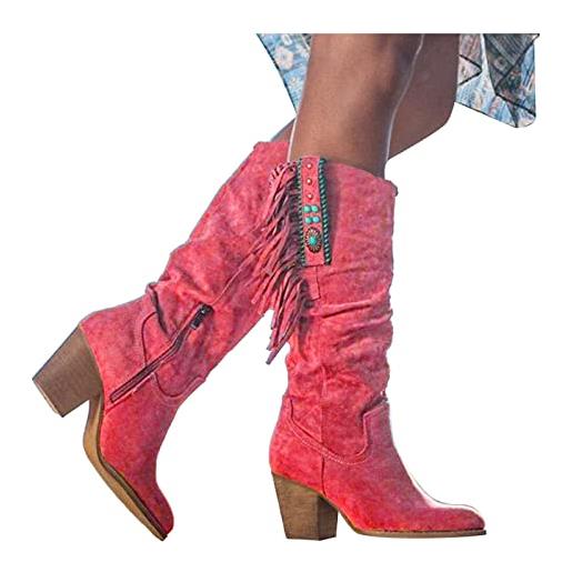 YANFJHV stivaletti da donna con tacco lungo, stivali invernali con nappa, sopra il ginocchio, stivali alti da donna, stivaletti caldi, stivaletti con zeppa, colore: rosso, 39 eu