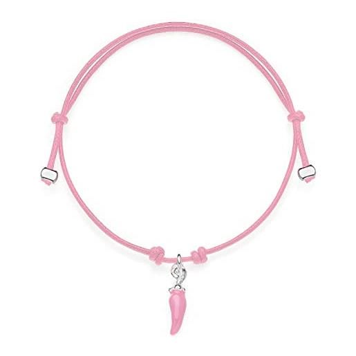DOP Gioielli gioielli dop bracciale unisex mini cordino rosa con charm peperoncino mini in argento 925 e smalto rosa fatto a mano in italia