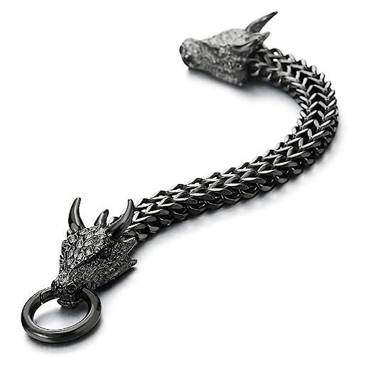 COOLSTEELANDBEYOND uomo grigio nero acciaio quadrati franco catena barbozzale braccialetto drago testa con scaglia spillo corno