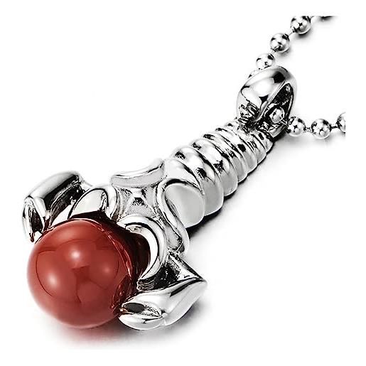 COOLSTEELANDBEYOND scorpione ciondolo collana con rosso perlina palla, acciaio inossidabile collana per uomo donna, palla catena 75cm