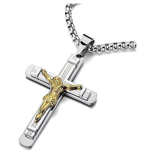 COOLSTEELANDBEYOND crocifisso croce, ciondolo croce, collana con pendente da uomo, acciaio, catena grano 75cm