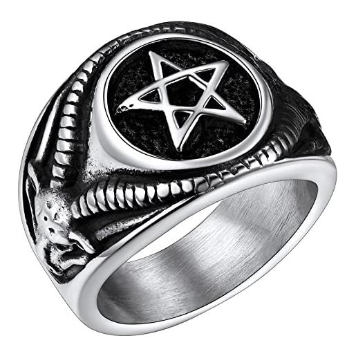 FaithHeart anello uomo satana pentagramma pentacolo invertito capra satanica 3d rilievo anello argento ner oro gotico hiphop punk misura it 14-32 personalizzato regalo compleanno coppie