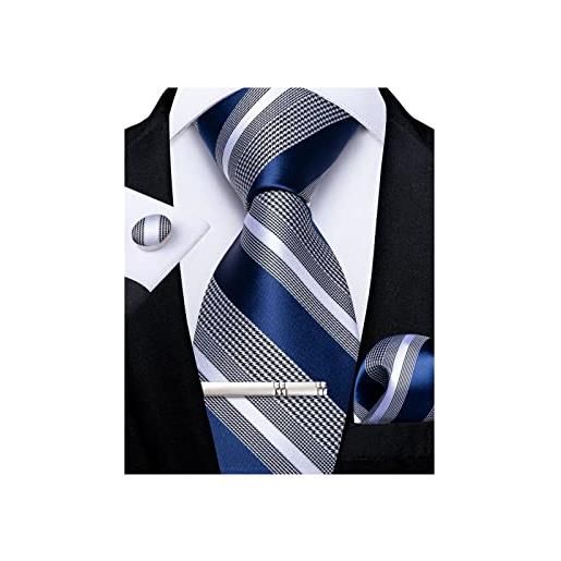 DiBanGu cravatta da uomo tinta unita di seta tessuta a righe plaid cravatta fazzoletto gemelli cravatta clip set formale di affari matrimonio, blu navy a righe, m