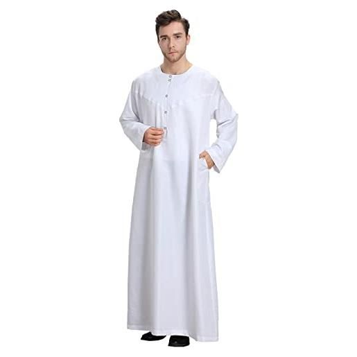 KAMEIMEI veste musulmana uomo tinta unita abbigliamento etnico abbigliamento preghiera per uomo musulmano dubai robe stampa borse abiti cotone lino robes arabi saudita, bianco, l