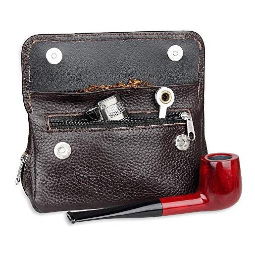 PRETTYLE borsa porta tabacco in vera pelle da viaggio per fumare pipa, custodia per conservare la freschezza con 2 tasche porta pipe. 