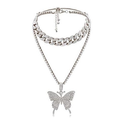HMOOY butterfly cuban link collana da donna hip hop choker, con ciondolo a farfalla, collana da tennis, gioiello alla moda per donne e ragazze (argento)