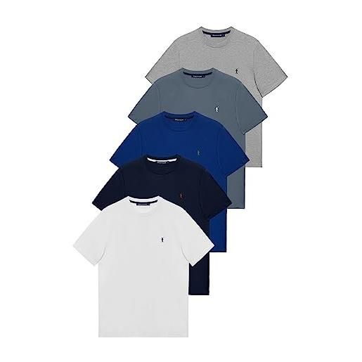 Polo Club confezione da 5 t-shirt uomo manica corta blu scuro, bianco, grigio vigoré, blu presidenziale e blu denim con logo - magliette 100% cotone