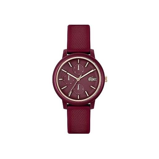 Lacoste orologio analogico multifunzione al quarzo da donna collezione lacoste. 12.12 multi con cinturino in silicone, rosso (burgundy)