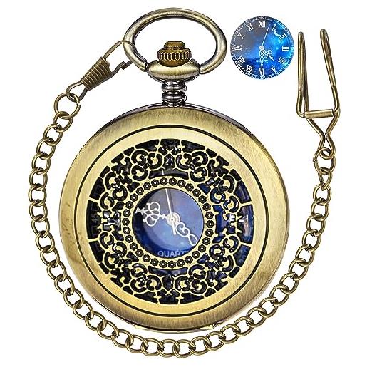 Tiong orologio da tasca hollow blue star design numeri romani orologi al quarzo da tasca con catena regali di compleanno di natale per uomini e donne, 16-bronzo, classico