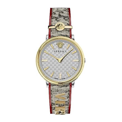 Versace orologio da polso da uomo v-circle 38 mm con scritta sul cinturino in pelle ve8103319, cinghia