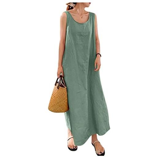 Lanomi abito estivo da donna in cotone e lino, lungo, senza maniche, tinta unita, da spiaggia, con tasche, azzurro, xl