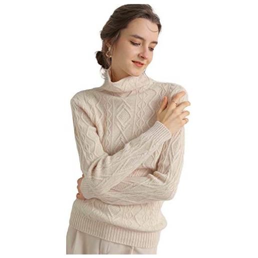 MeetMetro 100% merino maglione da donna elegante dolcevita manica lunghe autunno leggero invernale pullover in maglia di lana, beige, m