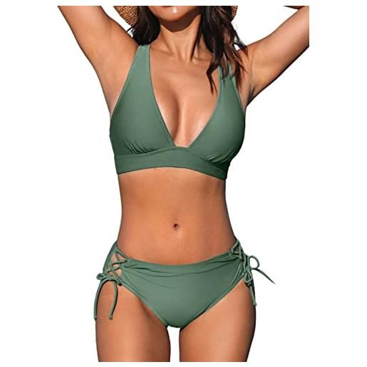 CUPSHE set bikini da donna due pezzi costume da bagno con scollo a v triangolo top spalline larghe incrociato posteriore pizzo vita media, verde oliva, m