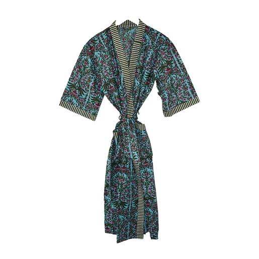 RAJBHOOMI HANDICRAFTS kimono da donna in cotone stampato tessuto uomo donna kimono abito spiaggia coprire costume da bagno accappatoio cardigan kimono abiti, blu, xl-xxl