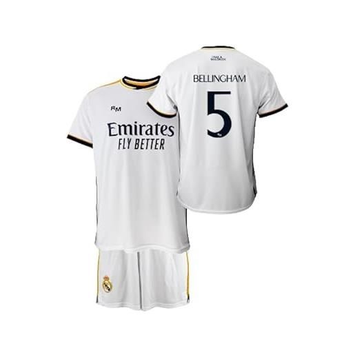 Real Madrid set bambino t-shirt e pantaloni prima equipaggiamento stagione 2023-2024 - bellingham 5 - replica ufficiale con licenza ufficiale - bambino, bianco, 12 anni