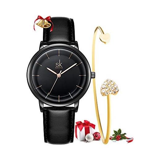 SHENGKE set da regalo per donna, cinturino in pelle al quarzo, semplice orologio da donna, vestito da ragazza, orologio da polso con bracciale regalo