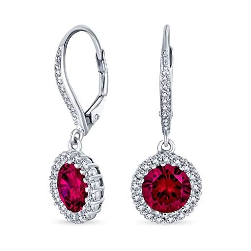 Bling Jewelry 3.5ct red round solitaire halo cz lever back dangle earrings for women simulated ruby cubic zirconia. 925 sterling silver