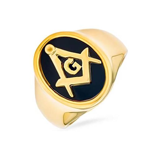 Bling Jewelry società segreta quadrato bussola nero ovale mens signet massone anello per gli uomini 14k oro placcato in acciaio inox