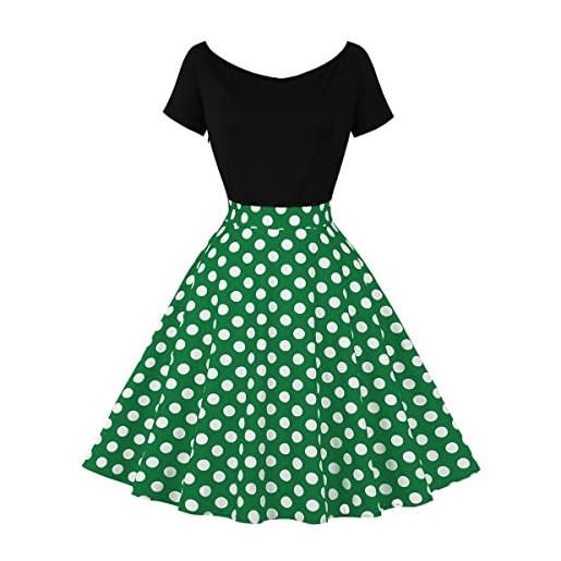 FYMNSI rockabilly, abito da donna, vintage, a pois, senza spalline, a maniche corte, linea ad a, per feste, anni '50, verde, xl