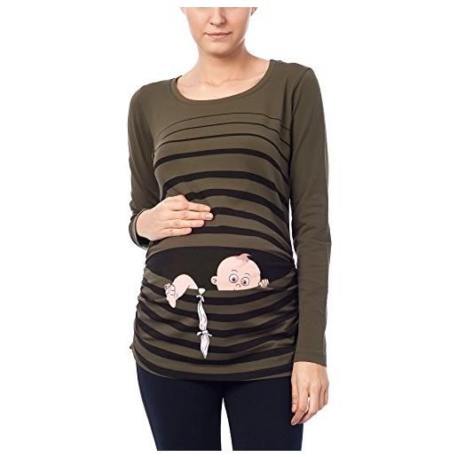 M.M.C. bebè in fuga - simpatica graziosa t-shirt premaman manica lunga per la gravidanza (cachi, medium)