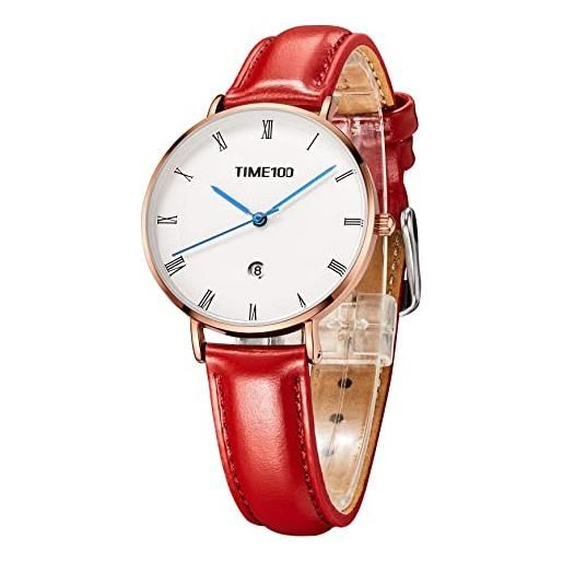 TIME100 orologio automatico donna calendario stile semplice ultra sottile cinturino in vera pelle impermeabile（rosso）