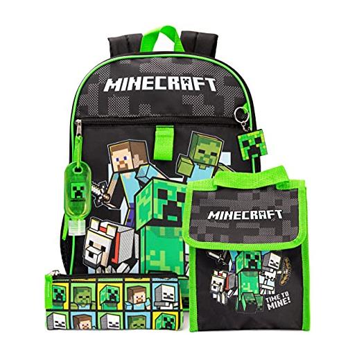 Minecraft zaino e scatola per il pranzo per bambini, zaino scolastico, 5 pezzi, taglia unica, nero, taglia unica, nero, taille unique
