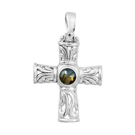 Shine Jewel scelta multipla pietra preziosa di forma rotonda cristiana in argento sterling 925 gioielli con pendente in filigrana a croce (labradorite)