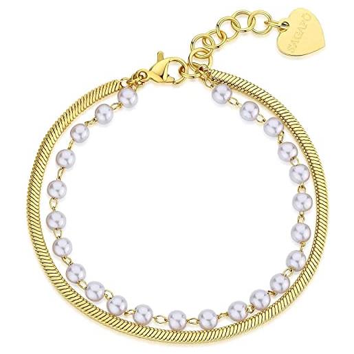S'AGAPÕ bracciale doppio filo in acciaio con perle da donna del brand s'agapò della collezione wisdom. Finitura color oro, misura: 190mm. La referenza è swi16