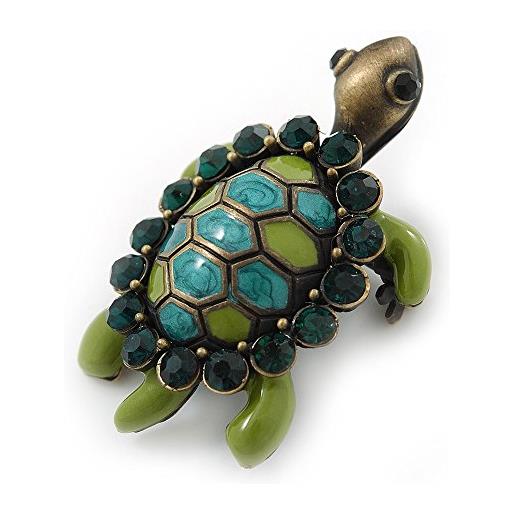 Avalaya spilla in bronzo smaltata verde stile vintage con cristalli a forma di tartaruga - 43 mm di lunghezza