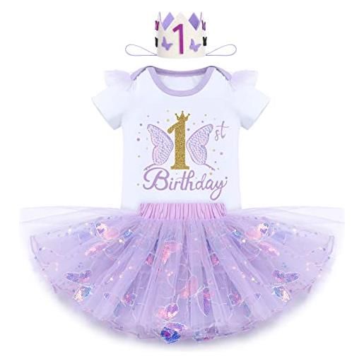FYMNSI body tutù gonna tutù per il primo compleanno da ragazza, in cotone, 3 pezzi, lila schmetterling, 12 mesi