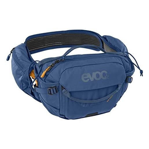 EVOC hip pack pro borsa da 3l per tour e percorsi in bicicletta (28 x 18 x 8 cm, 3l di spazio, airflow contact system, cintura da fianco airo flex, vescica di idratazione da 1,5l), denim
